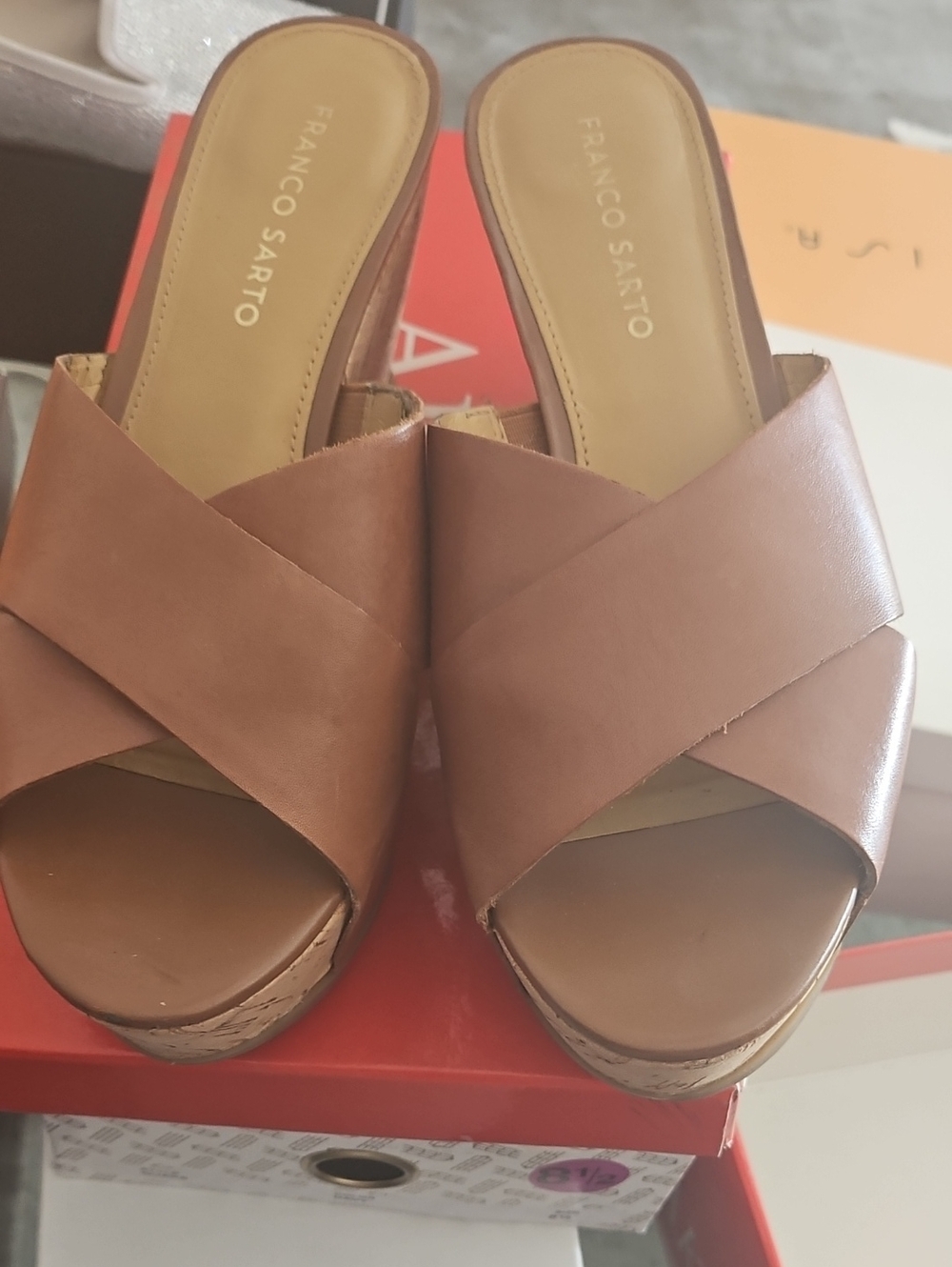 Franco Sarto Cognac Leather Cork-Wedge Slide Sandals